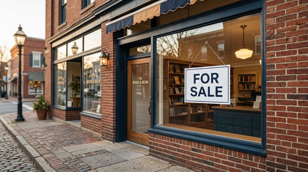 Small main-street business storefront with a For Sale sign in the front window