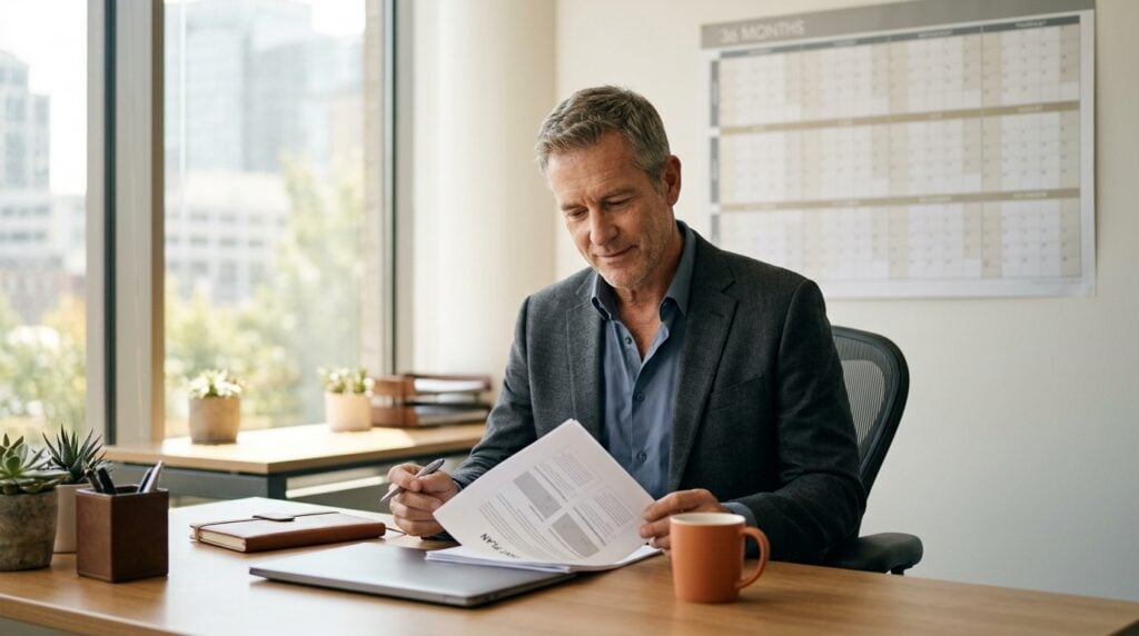 A business owner reviewing a 36-month exit plan at a sunlit desk, a 36-month wall calendar mounted behind him.