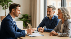 A wealth manager explaining a document to a married couple in their mid-fifties across an office desk, illustrating when to refer a client to an M&A advisor