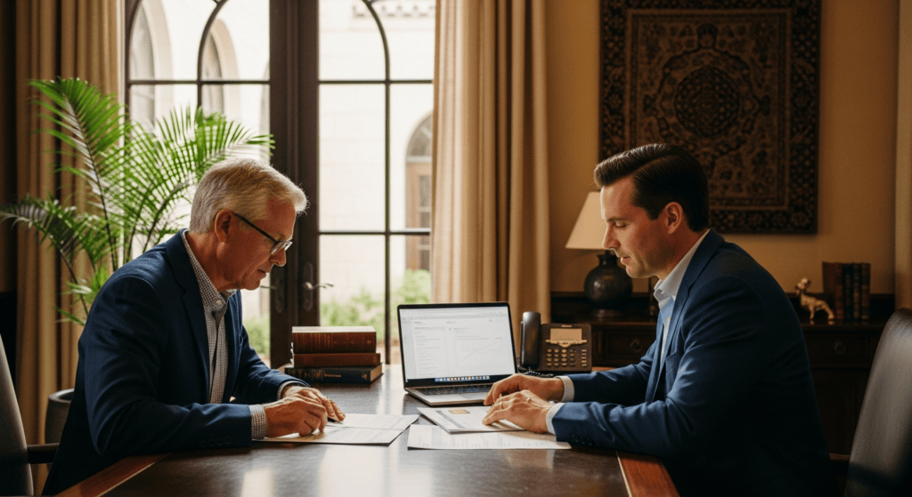 An estate-planning advisor and a senior business owner reviewing a succession and sale plan together across a desk in a Gulf South office