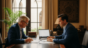 An estate-planning advisor and a senior business owner reviewing a succession and sale plan together across a desk in a Gulf South office