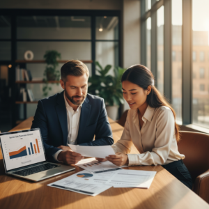 A business owner and an M&A advisor reviewing financial statements and a preparation checklist before taking the business to market