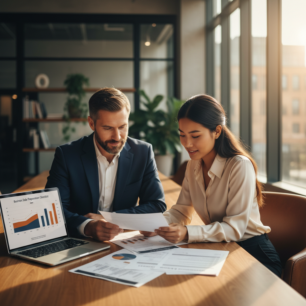A business owner and an M&A advisor reviewing financial statements and a preparation checklist before taking the business to market