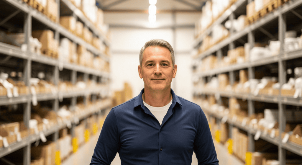 A confident business owner in his fifties standing in his bright distribution and light-manufacturing facility, representing the value of a lower-middle-market business being appraised