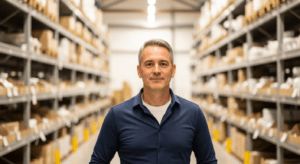 A confident business owner in his fifties standing in his bright distribution and light-manufacturing facility, representing the value of a lower-middle-market business being appraised