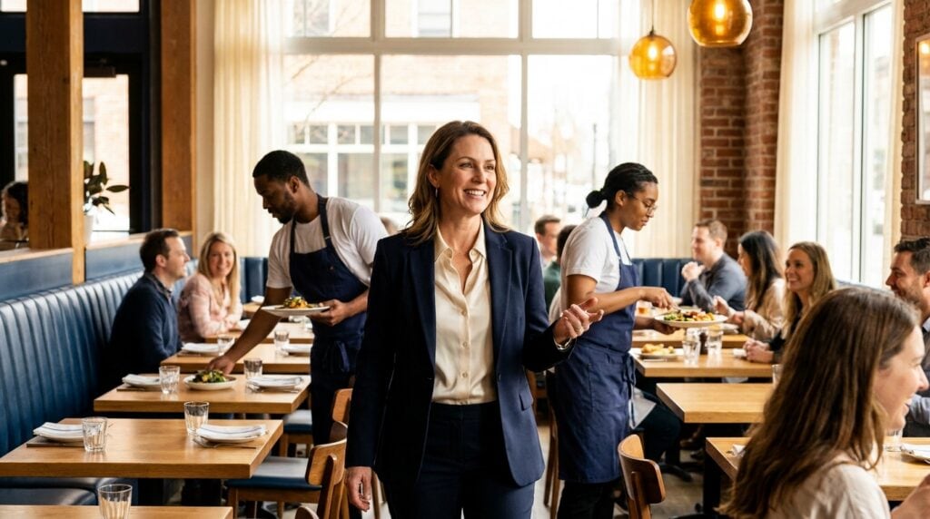 A confident woman restaurant owner standing in the warm, busy dining room of her thriving New Orleans restaurant while her team serves guests, illustrating a business that runs without its owner.