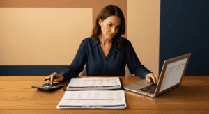 Business owner reviewing profit-and-loss statements with a calculator to estimate the value of their company