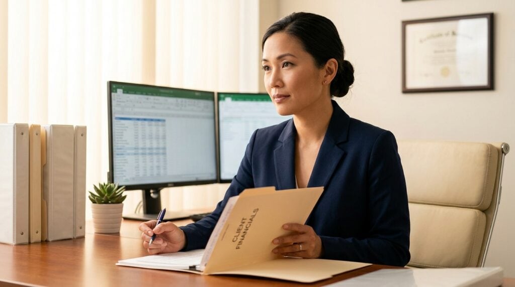 CPA reviewing a client's financial file at her desk, spotting the signs of an exit-ready business owner