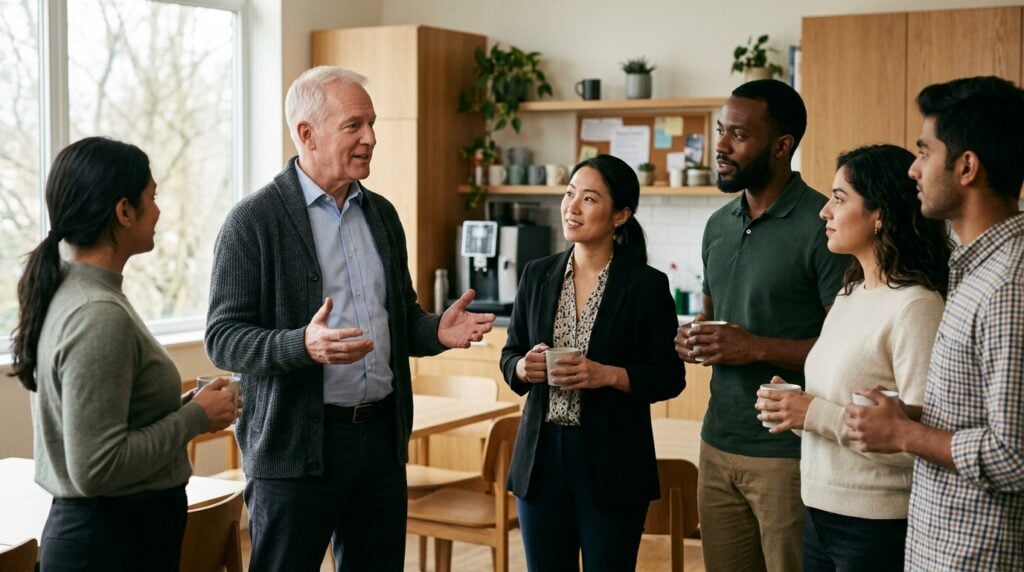 A business owner speaks candidly with a small group of employees in a break room, representing a careful, well-timed announcement of a sale