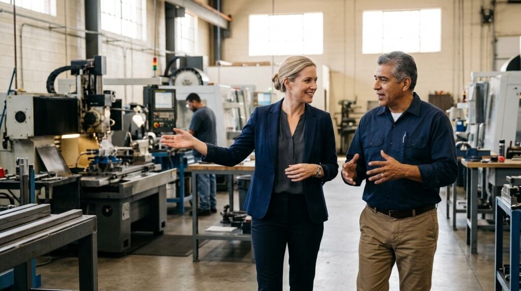 A corporate-development executive tours a manufacturing shop floor with the company owner, representing a strategic buyer seeing synergy