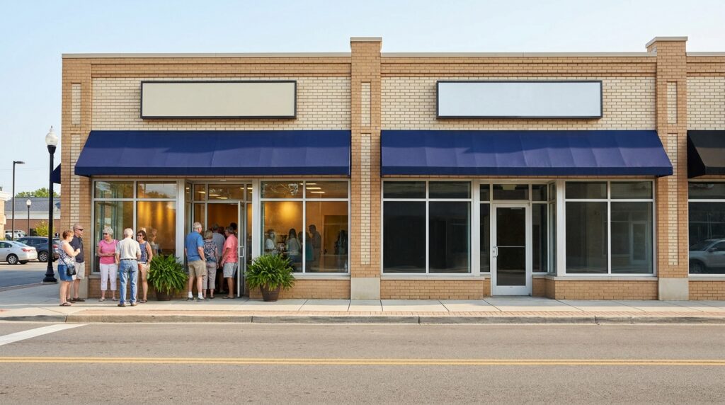 Two identical adjacent storefronts on a Gulf South street, one with a line of customers outside and one empty, illustrating why the same EBITDA earns different multiples
