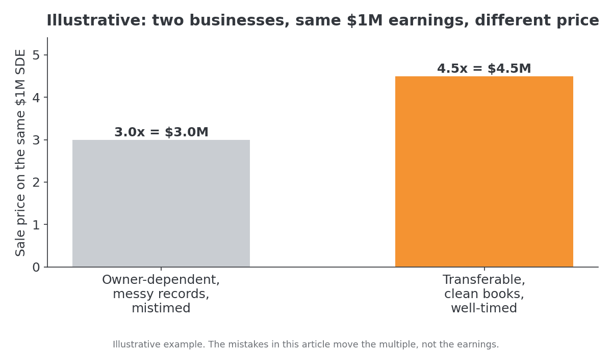 Illustrative column chart: two businesses with the same $1M SDE sell for $3.0M at 3.0x when owner-dependent with messy records versus $4.5M at 4.5x when transferable and well-timed