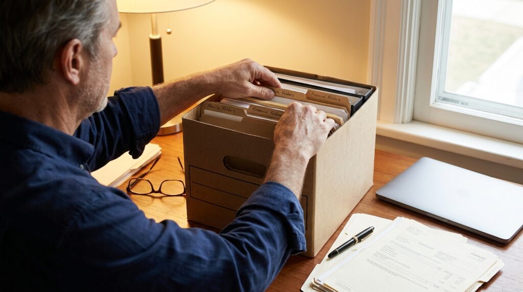 Business owner organizing labeled folders of financial statements and sale documents into a banker's box