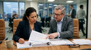 A business owner and advisor review financial documents together, the advisor pointing to a problem line, representing avoiding a costly selling mistake