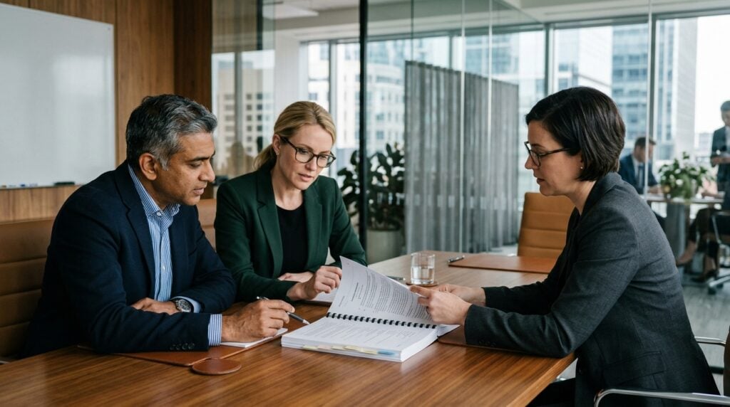 Two business partners sit across a conference table from an attorney reviewing a bound buy-sell agreement between them