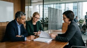 Two business partners sit across a conference table from an attorney reviewing a bound buy-sell agreement between them