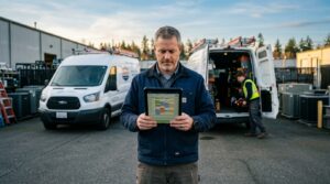 A commercial service company owner stands in an equipment yard reviewing a service-contract schedule on a tablet, with branded vans behind him