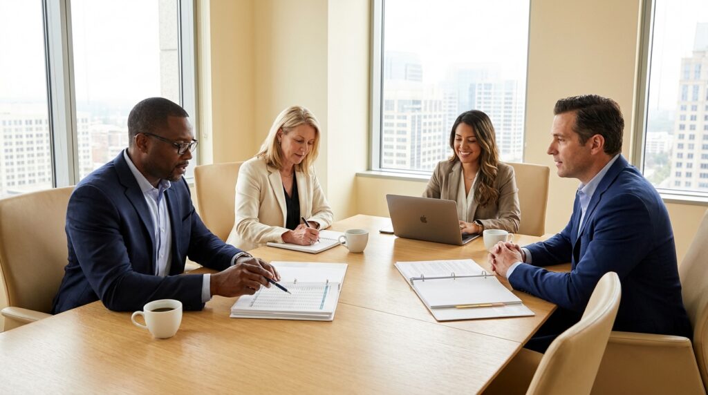 A CPA, attorney, financial planner, and M&A advisor collaborating around a conference table as a coordinated advisor team for a business sale