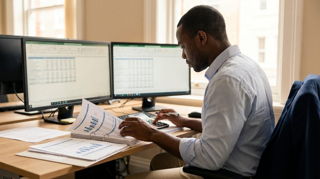 Financial analyst reviewing stacks of monthly financial statements at a desk with spreadsheets, as in a quality of earnings review