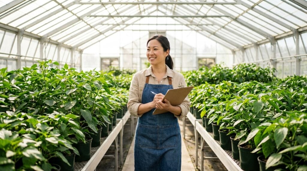 Greenhouse nursery owner walking her plant rows with a clipboard, executing a long-term value growth plan