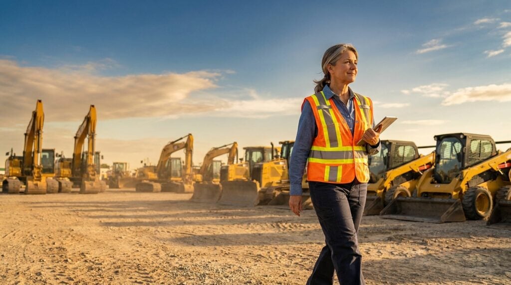 Business owner in a safety vest walking through her heavy-equipment rental yard at sunrise, weighing asset value against earnings value before a sale