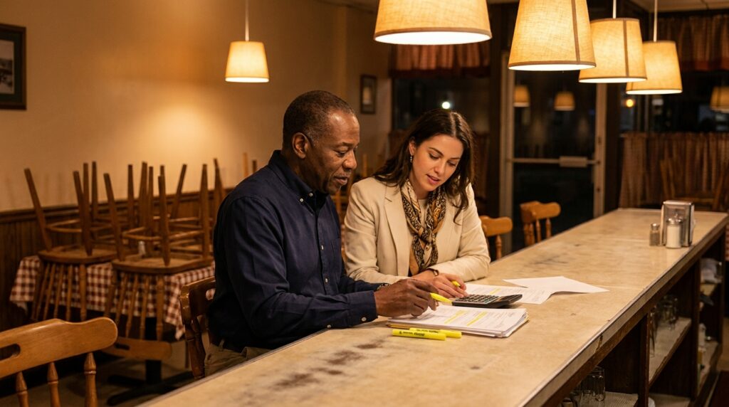 Business owner and advisor recasting financial statements with highlighters at the counter of a family restaurant after close