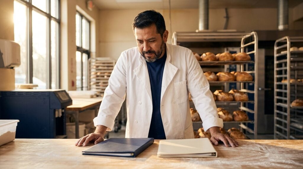 Bakery owner at his flour-dusted counter at dawn comparing two proposal folders side by side.