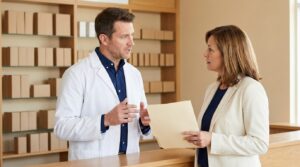 Independent pharmacy owner in a white coat talking with an advisor holding a document folder at his counter.