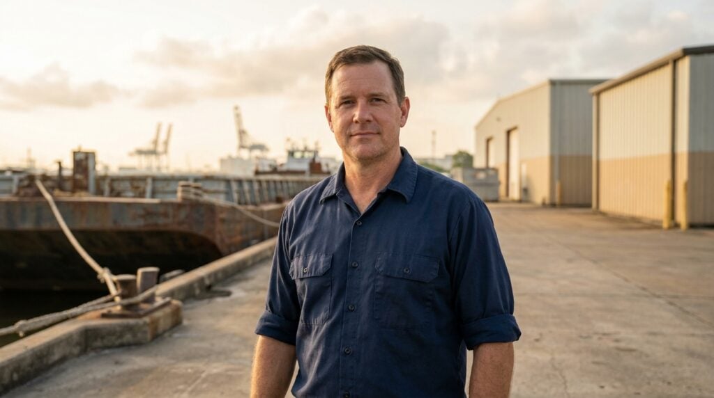 A business owner in his forties standing on a concrete dock beside the Mississippi River in New Orleans, with a moored service barge and port cranes behind him in early morning light