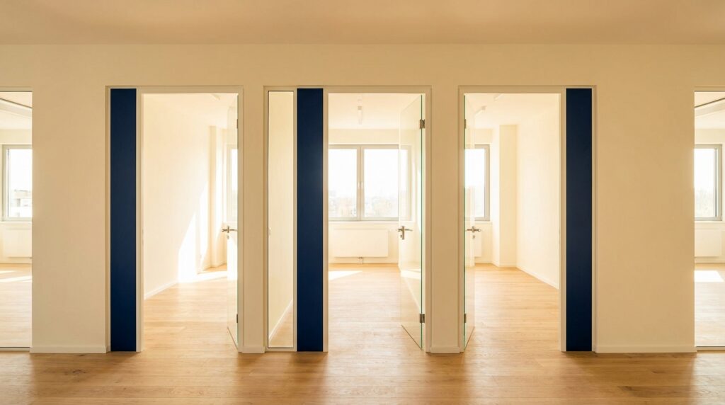 Bright office corridor with three aligned glass doors standing open, leading toward a sunlit room.