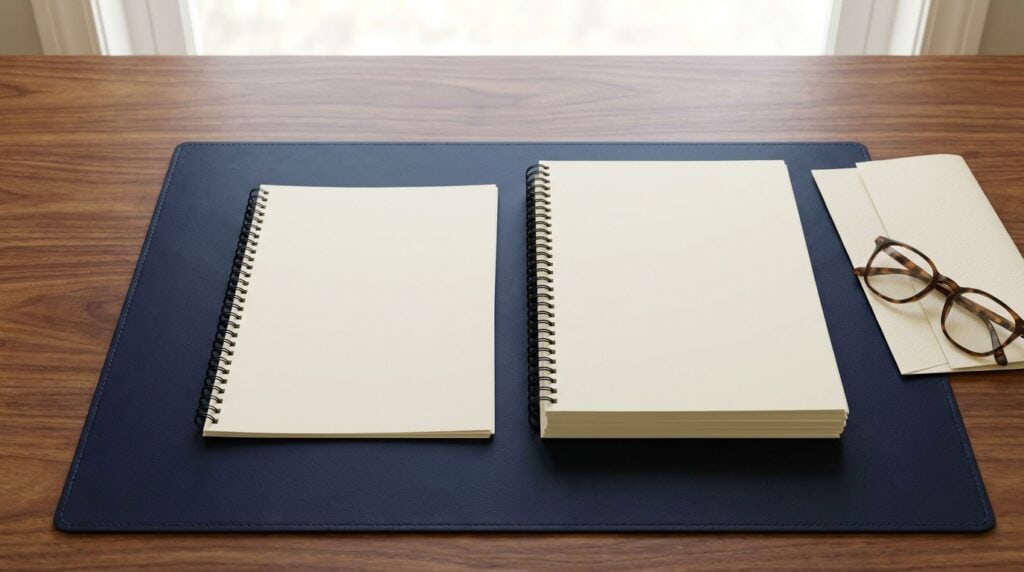 A thin ten-page bound report beside a thick two-hundred-page bound report on a navy desk blotter, showing the difference in scope between a calculation engagement and a valuation engagement