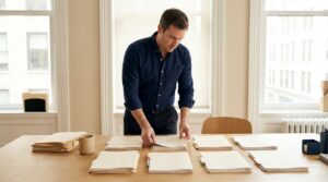 M&A advisor arranging tabbed document sections into a grid on a layout table while assembling a confidential information memorandum.