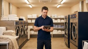 Commercial laundry owner checking a tablet between rows of industrial washers in his linen service plant.