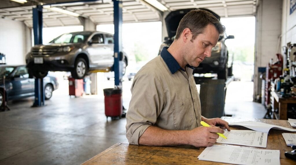 Auto repair shop owner reviewing a printed profit and loss statement with a highlighter at his service counter, cars on lifts behind him.