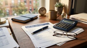 Business owner's desk with profit and loss statements, a calculator, and reading glasses during a business valuation review