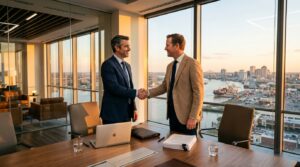 Two business professionals shaking hands across a conference table in an office overlooking a Gulf South port city, closing an acquisition